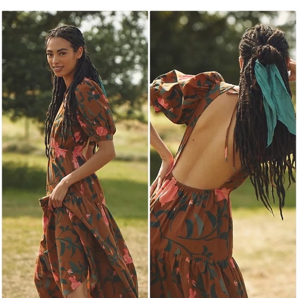 New ANTHROPOLOGIE CONDITIONS APPLY OPEN BACK FLORAL MAXI DRESS IN BROWN S M - Picture 1 of 10